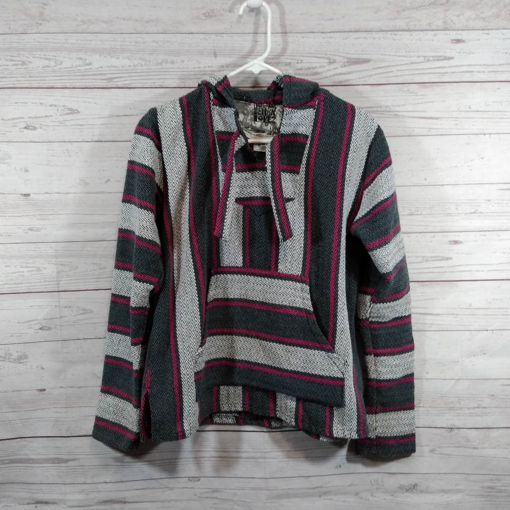 Striped Hooded Baja Jacket in Gray and Pink